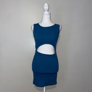 Heiny Collection Teal Ribbed Cutout Midi Dress Bodycon Asymmetrical Tank Y2K M
